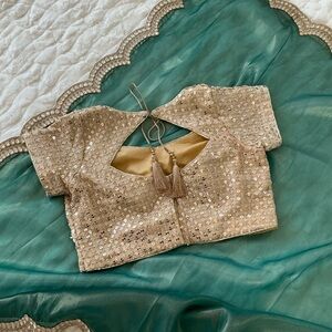 New Elegant Green and Gold Saree with Stitched Blouse